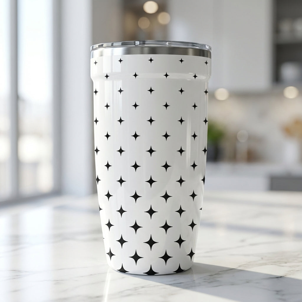 White Peyto 16 oz insulated tumbler featuring a repeating black four-pointed star pattern sitting on a marble kitchen countertop.