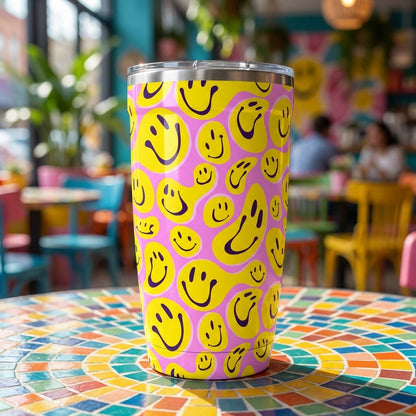 LAMOSE Peyto 16oz stainless steel tumbler featuring a pattern of yellow smiley faces with purple outlines on a bright pink background.