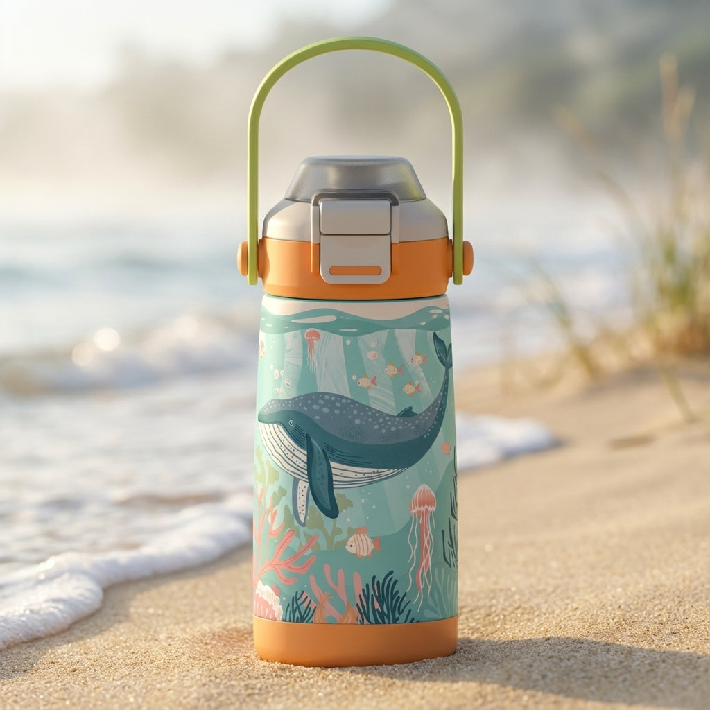 LAMOSE Goose 14oz kids water bottle in turquoise with orange boot, featuring illustrations of a gray whale, jellyfish, and coral reef.