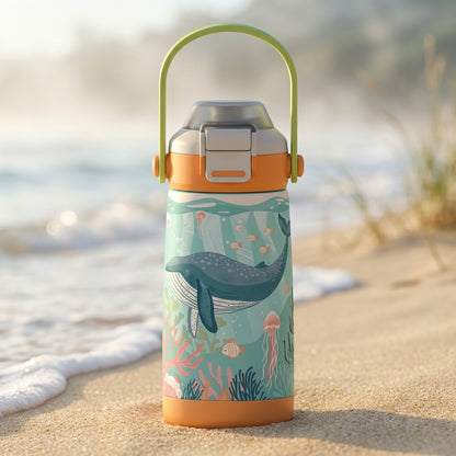 LAMOSE Goose 14oz kids water bottle in turquoise with orange boot, featuring illustrations of a gray whale, jellyfish, and coral reef.
