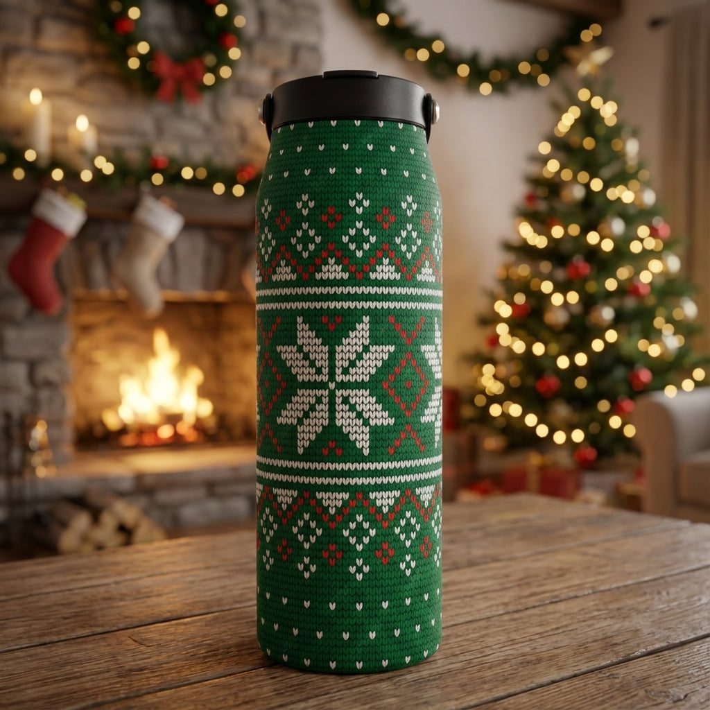 LAMOSE Grouse 34oz water bottle featuring a deep green base with a white snowflake and red diamond knitted Christmas sweater pattern.