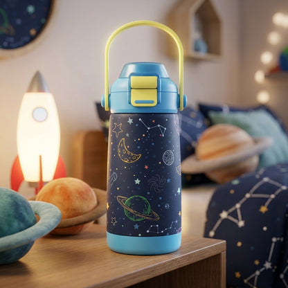 Navy blue LAMOSE Goose 14oz kids water bottle featuring colorful cartoon planets, stars, and galaxies with a light blue and yellow handle lid