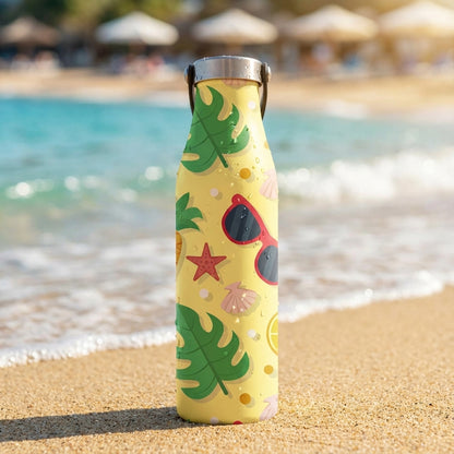 Light yellow LAMOSE Robson 21 oz water bottle featuring a tropical pattern of monstera leaves, pineapples, sunglasses, and seashells with condensation droplets.