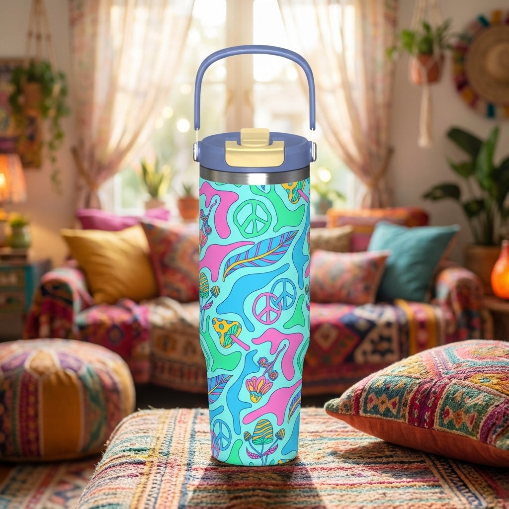 LAMOSE Cascade 40 oz tumbler featuring a psychedelic blue pattern with mushrooms, peace signs, and feathers on a light blue background