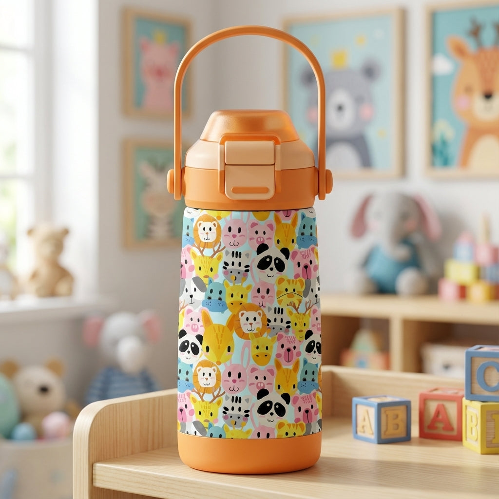 LAMOSE Goose 14 oz stainless steel kids water bottle featuring cartoon lions, pandas, and tigers on a light blue background with an orange handle.