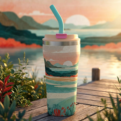 LAMOSE Bow 16oz tumbler featuring a peach and teal mountain landscape design sitting on a wooden surface with a peach lid and blue straw