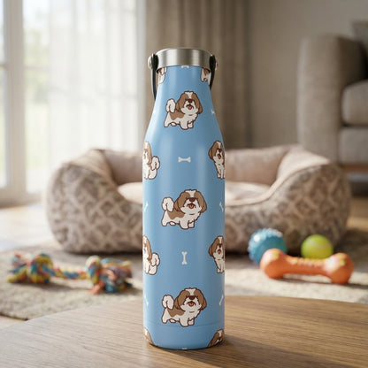 LAMOSE Robson 21 oz insulated water bottle featuring a light blue background with a cute repeating pattern of brown and white cartoon dogs and bones.