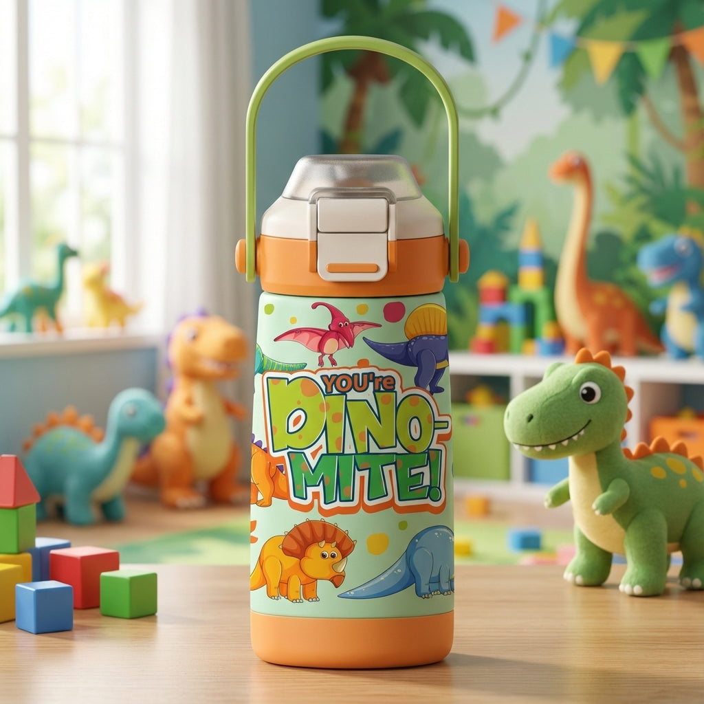 LAMOSE Goose 14oz kids water bottle in light green with orange lid, featuring cartoon dinosaurs including T-Rex and Triceratops with You're DINO-MITE text