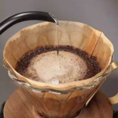Overhead view of water blooming dark coffee grounds in a natural brown zeroHero V01 paper filter in a glass pour-over dripper. LAMOSE.