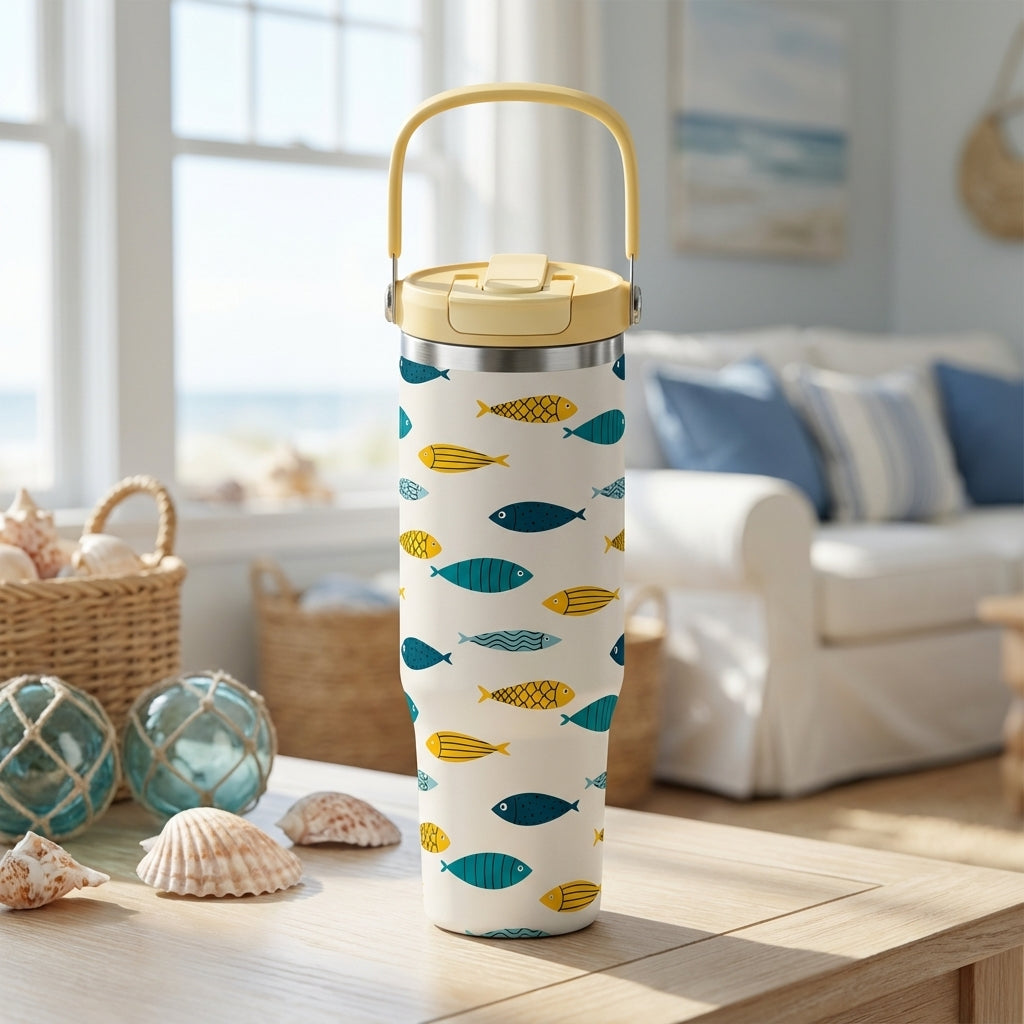 LAMOSE Cascade 40 oz tumbler in cream with blue and yellow fish pattern, yellow handle, and stainless steel rim.