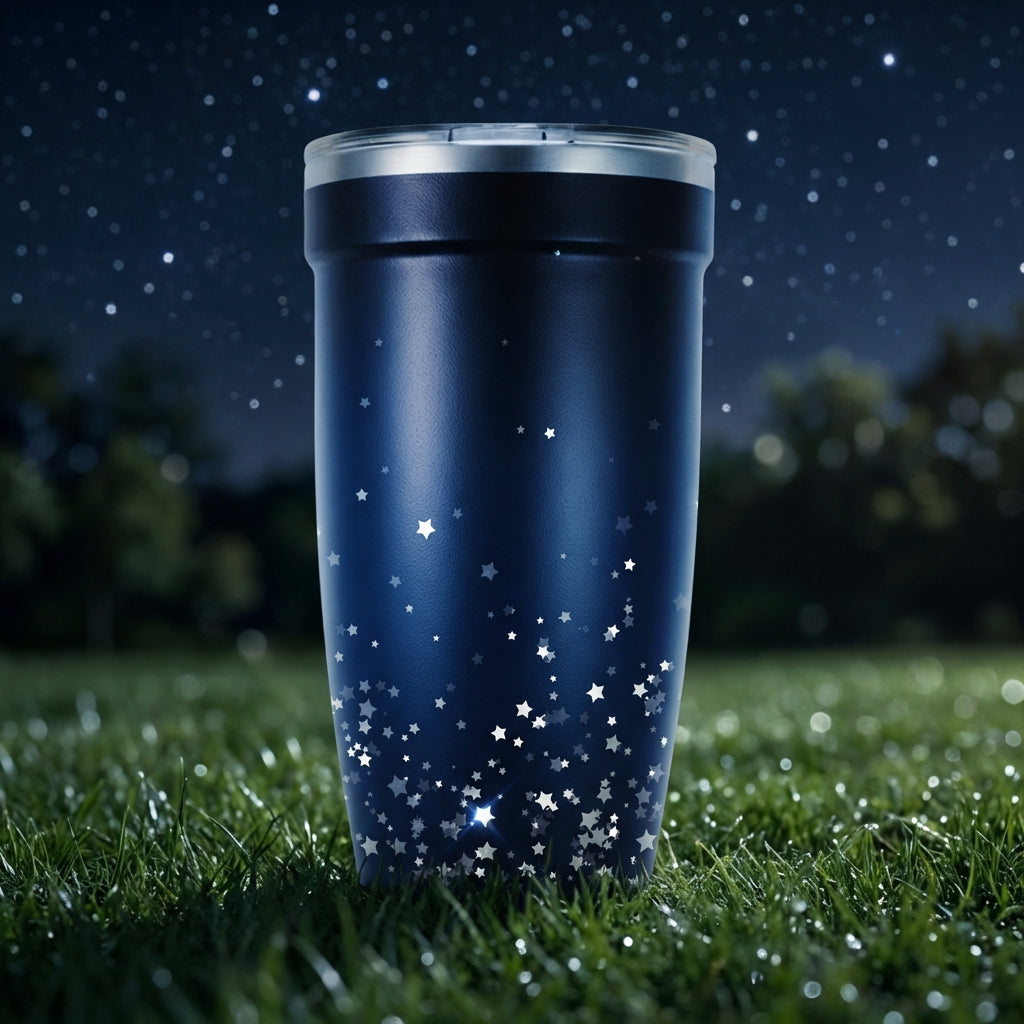 Peyto 16oz insulated tumbler featuring a dark blue gradient night sky pattern with white stars and a green grass base sitting on a wooden surface.