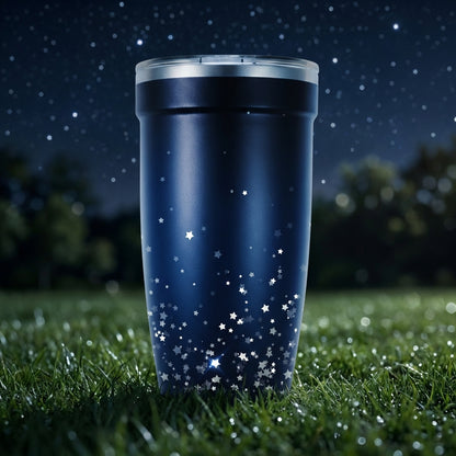 Peyto 16oz insulated tumbler featuring a dark blue gradient night sky pattern with white stars and a green grass base sitting on a wooden surface.