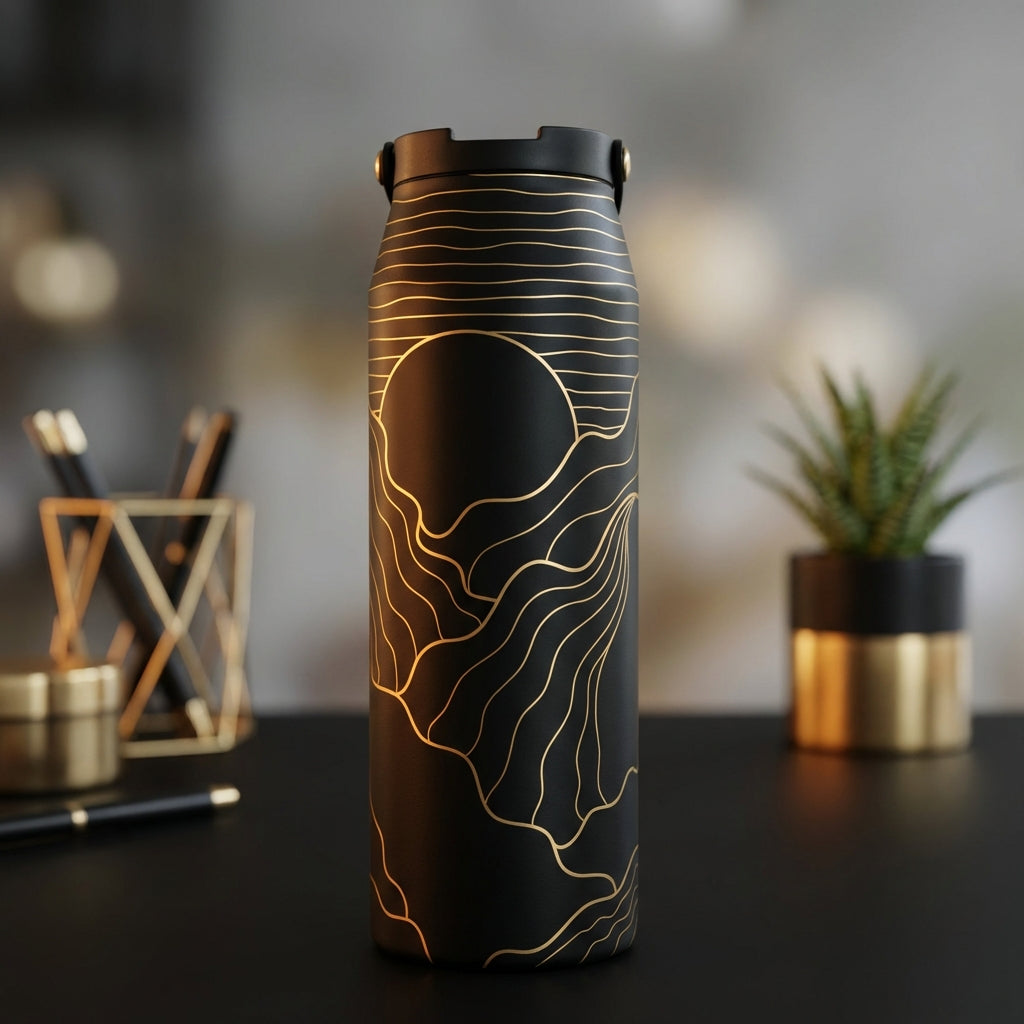 Matte black 34 oz water bottle featuring gold foil abstract wavy lines depicting a mountain landscape and sun.