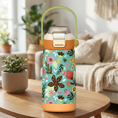 LAMOSE Goose 14 oz kids water bottle featuring a vibrant floral pattern on light blue with an orange silicone boot on a wooden table.