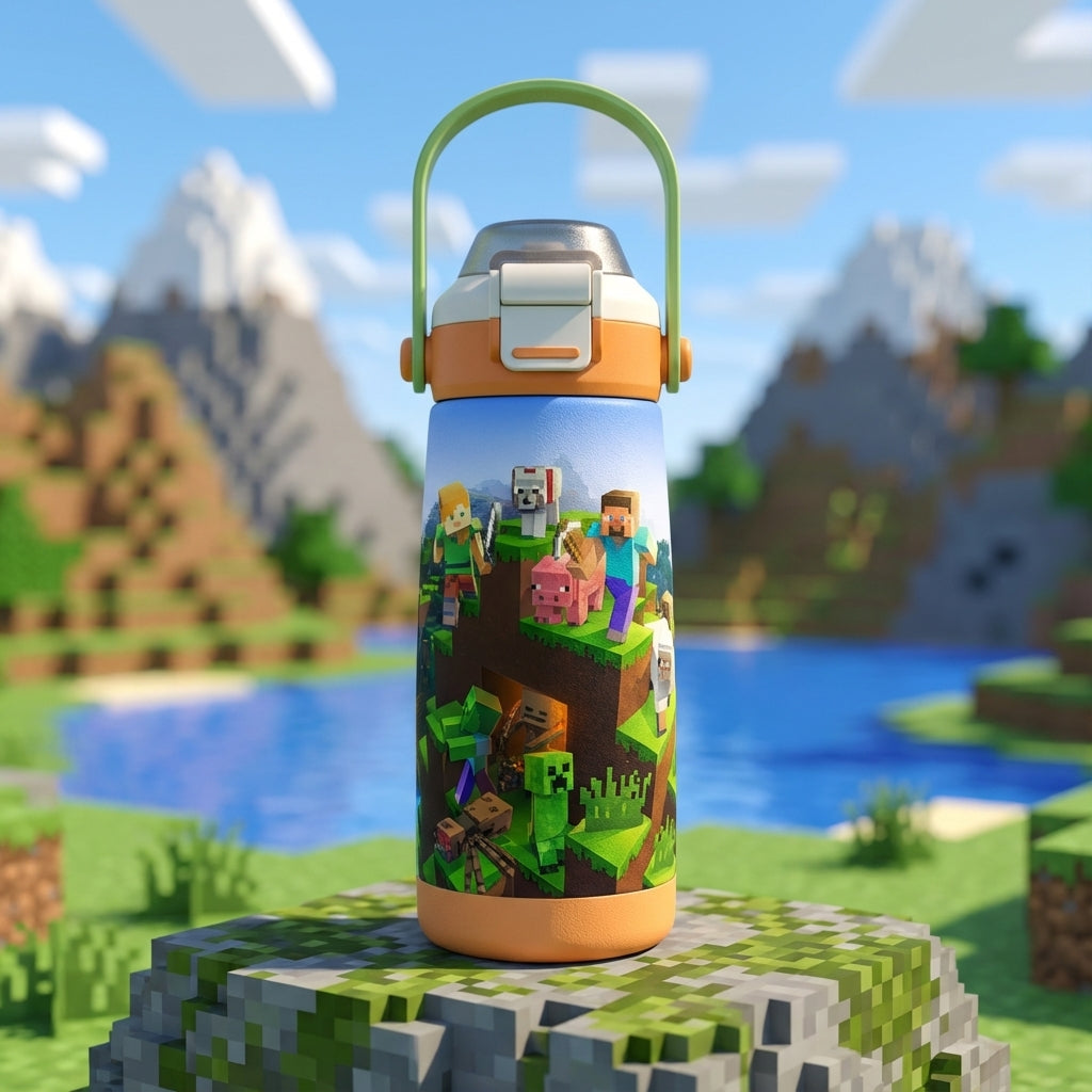 Orange insulated kids water bottle featuring Minecraft style pixelated characters like zombies and creepers on a green landscape