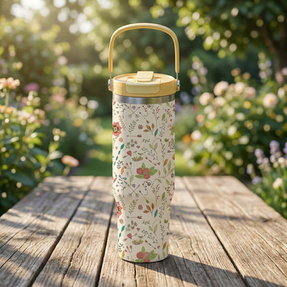 Cream colored 40 oz insulated tumbler with yellow handle featuring a pattern of colorful flowers, leaves, hearts, and arrows on a rustic wooden table.