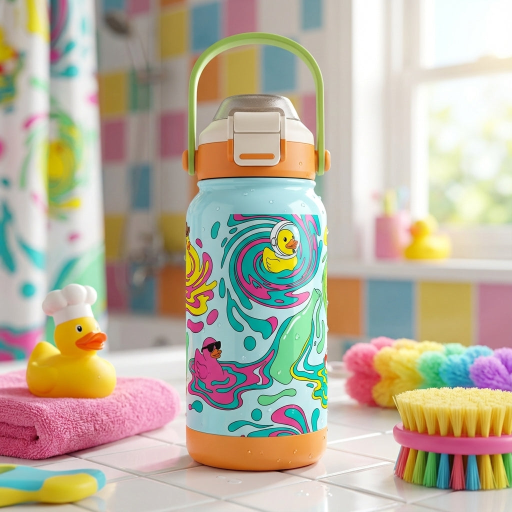 LAMOSE Goose 14 oz kids water bottle featuring cartoon ducks, astronaut ducks, and rubber duckies on a light blue background with orange and green accents