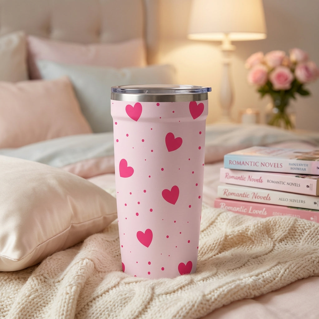 LAMOSE Peyto 16oz pink travel tumbler with dark pink heart pattern sitting on white bedding next to a romance novel.