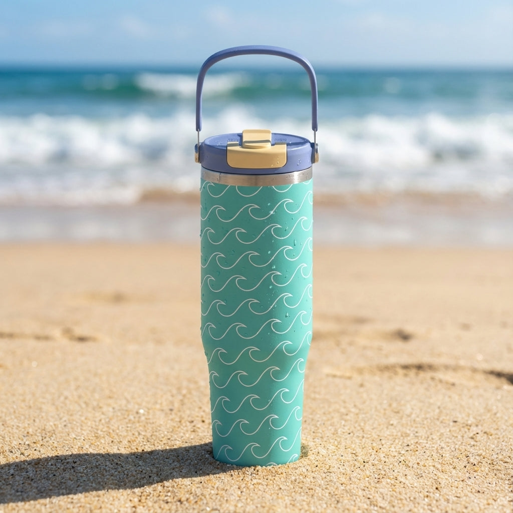 Close-up of LAMOSE Cascade 40 oz tumbler in teal with white wave pattern and condensation droplets, featuring a lavender lid and handle.