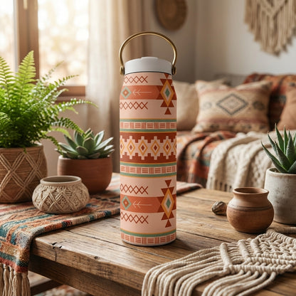 LAMOSE Grouse 34 oz insulated tumbler featuring a peach base with brown and green southwestern geometric patterns and a gold handle, resting on a rustic wooden table.