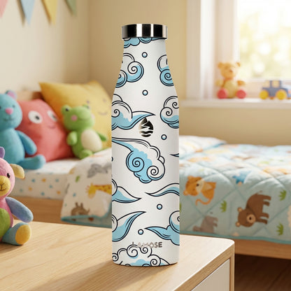 White LAMOSE Robson 21 oz insulated water bottle featuring a stylized light blue cloud pattern outlined in black with scattered dots and a silver lid.