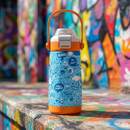LAMOSE Goose 14oz kids water bottle in light blue with orange handle featuring white whimsical doodles of brains, eyes, and text like 'WOW! Brains!'