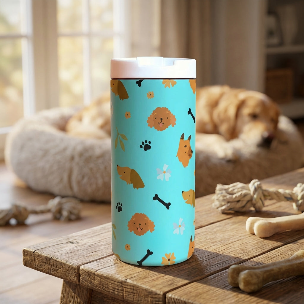 LAMOSE Grouse 12 oz tumbler featuring a light blue background with illustrations of various dogs, paw prints, bones, and flowers