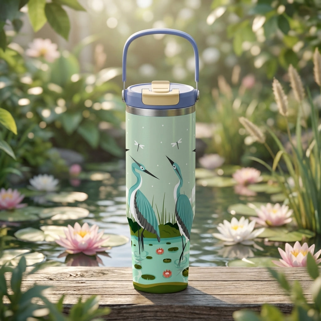 Light green 40 oz Cascade tumbler featuring illustrations of blue herons, white dragonflies, and water lilies in a tranquil pond setting.