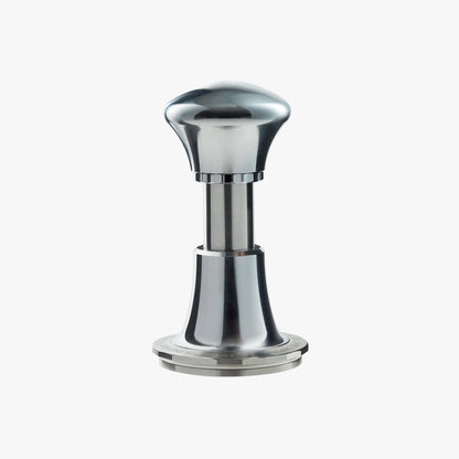 zeroHero 58mm polished stainless steel espresso tamper with an ergonomic handle, designed for even coffee ground compression and consistent espresso extraction. #color_metallic