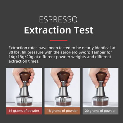 Espresso extraction test using the ZeroHero Sword Tamper at 30 lbs. pressure with different coffee grounds weights (16g, 18g, 20g), showcasing consistent extraction results.