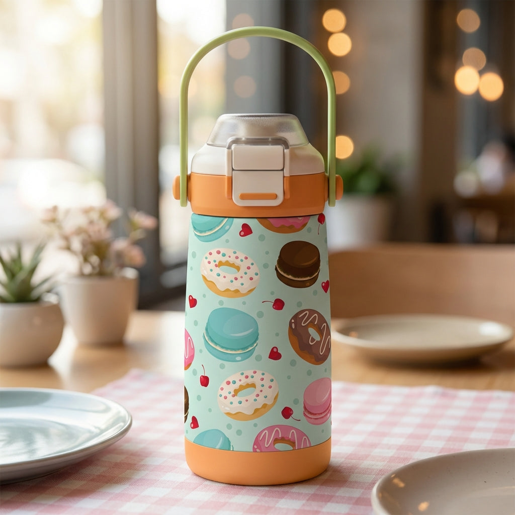 LAMOSE Goose 14oz kids water bottle featuring a playful pattern of donuts, macarons, and cherries on a light blue background with orange accents and green handle