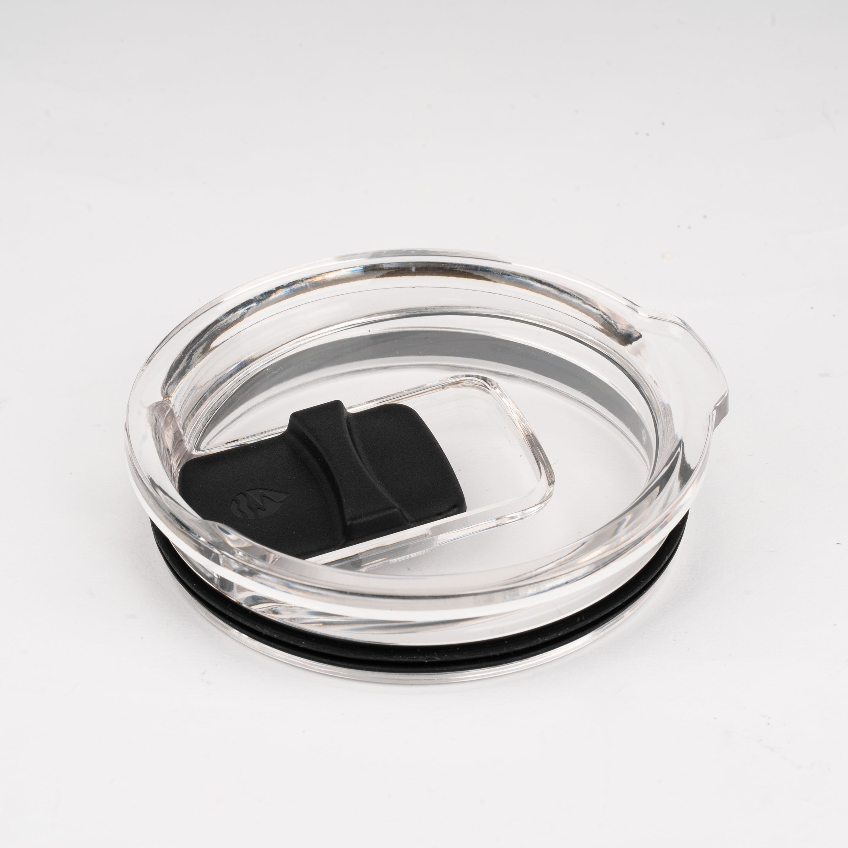 LAMOSE clear plastic tumbler lid with black flip-top closure and silicone gasket, shown from a top-down angle.