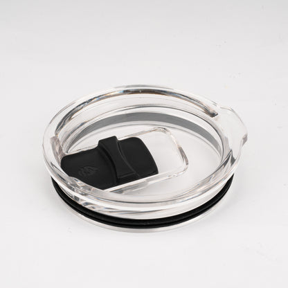 LAMOSE clear plastic tumbler lid with black flip-top closure and silicone gasket, shown from a top-down angle.