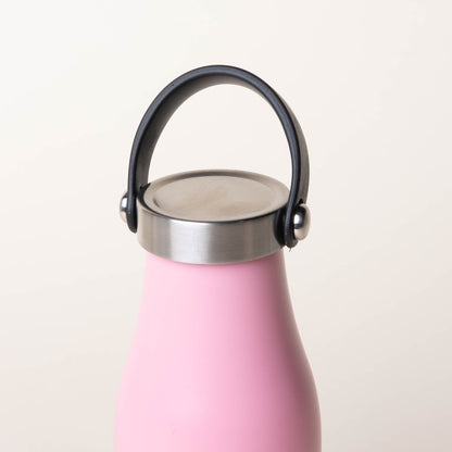 LAMOSE Robson Carry Lid close-up, showing a stainless steel cap with a black flexible handle on a pink bottle.