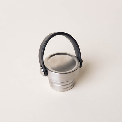 LAMOSE Robson Carry Lid, universal stainless steel with a black carry handle, featuring a brushed finish and threaded base, viewed from a top-down angle.