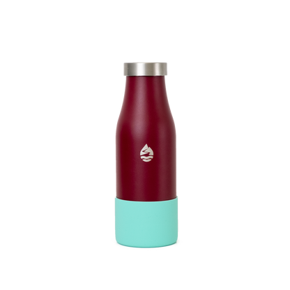 LAMOSE burgundy metal insulated bottle with turquoise silicone base protector and silver cap, standing straight.