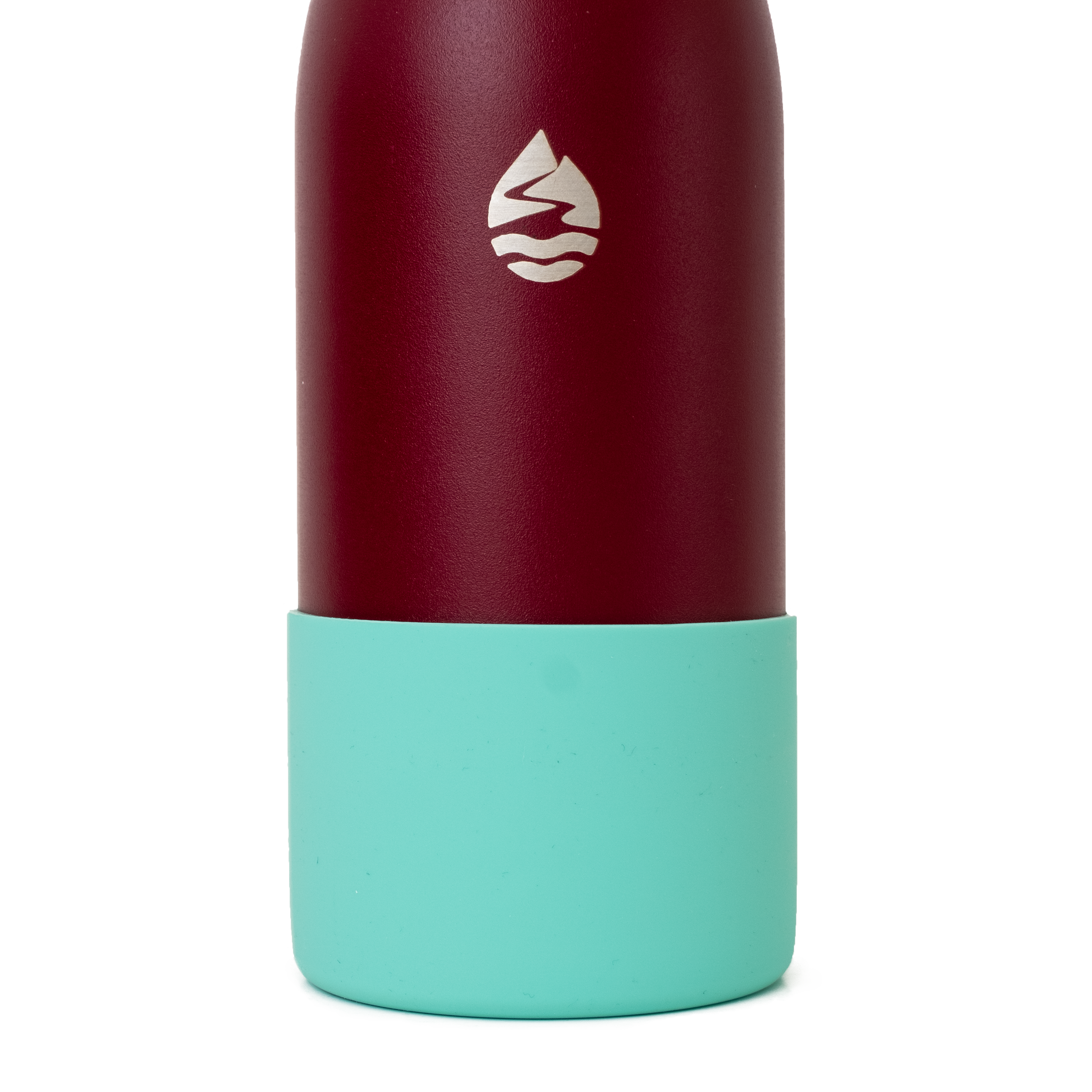 LAMOSE light teal silicone base protector on a textured burgundy bottle, showcasing the iconic mountain-water logo.