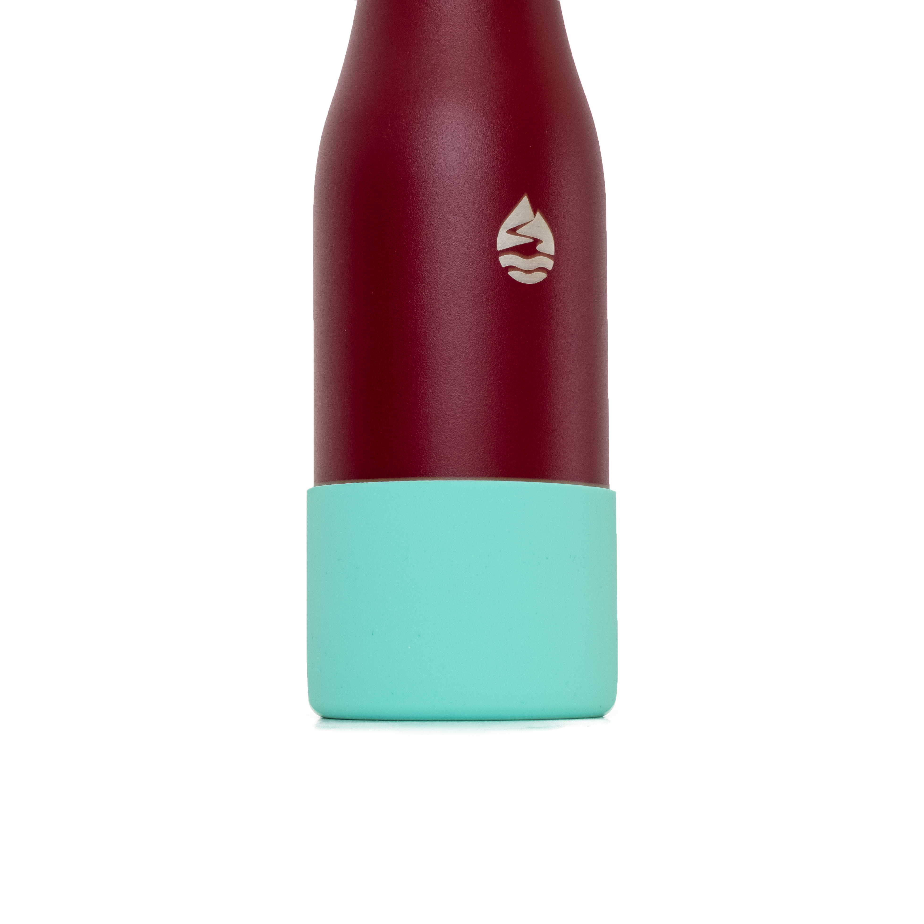 LAMOSE maroon insulated water bottle with a light blue silicone base protector, shown close-up from a low angle.