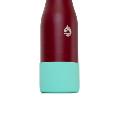LAMOSE maroon insulated water bottle with a light blue silicone base protector, shown close-up from a low angle.