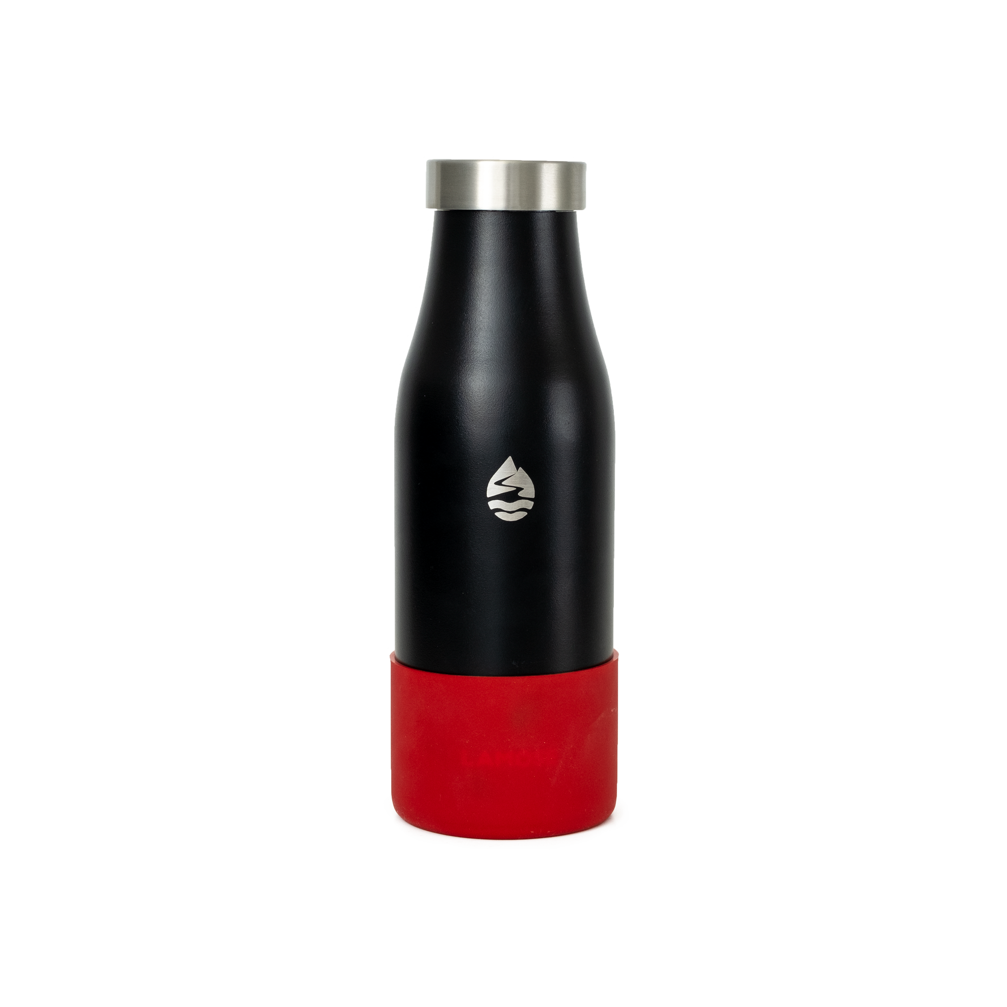 LAMOSE black insulated water bottle with a silver cap and a lava red silicone base protector, featuring the LAMOSE logo, front view.