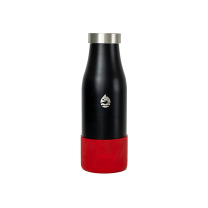 LAMOSE black insulated water bottle with a silver cap and a lava red silicone base protector, featuring the LAMOSE logo, front view.