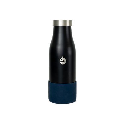 LAMOSE insulated water bottle in black with a dark blue silicone base protector and stainless steel cap, front view showing silver logo.