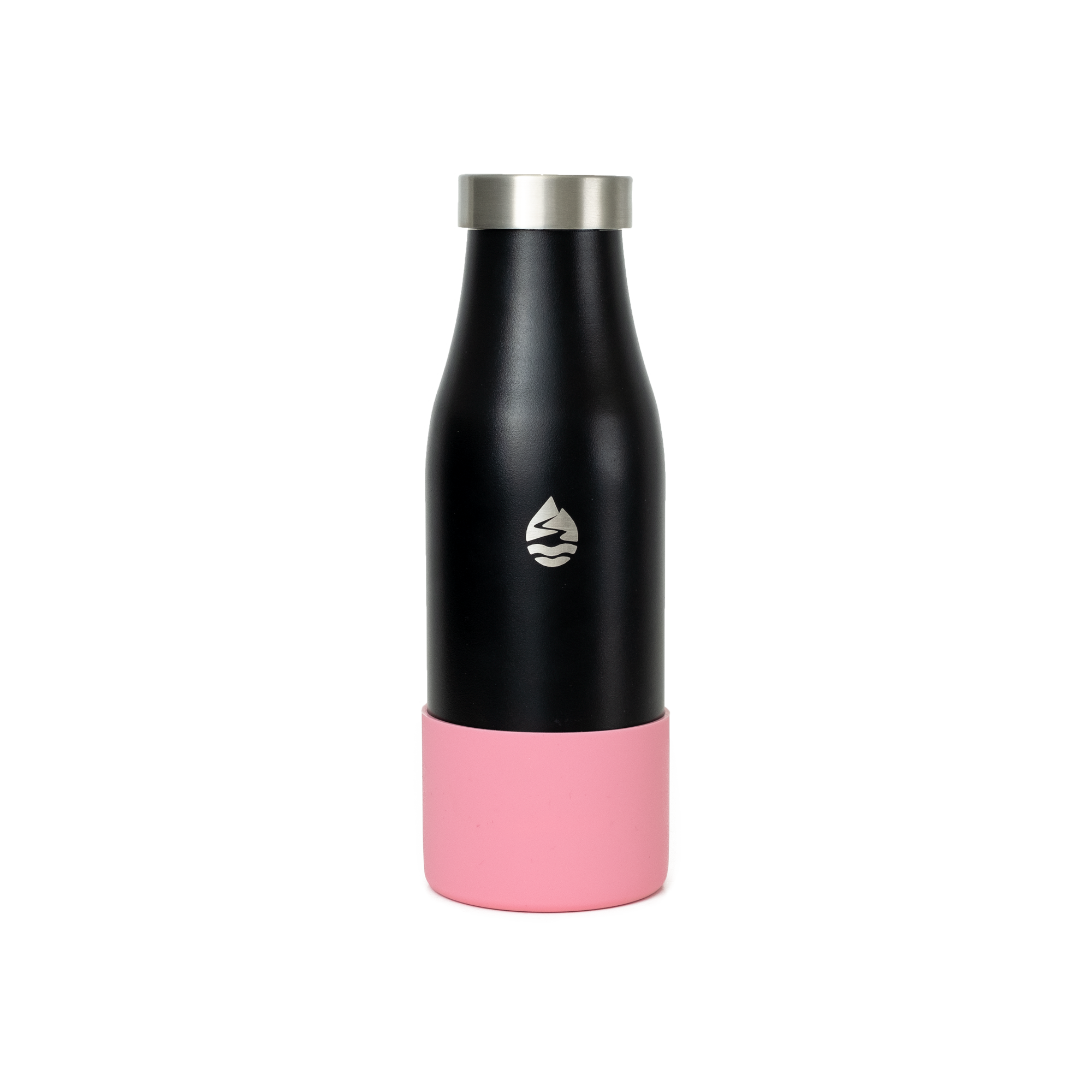 LAMOSE black insulated water bottle with a silver cap and a pink silicone base protector, front view.