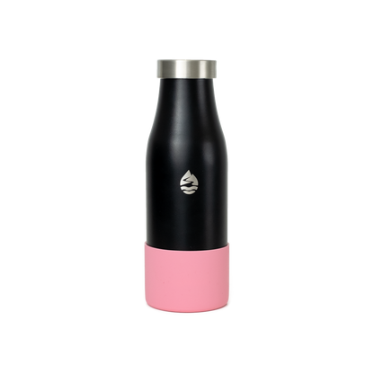 LAMOSE black insulated water bottle with a silver cap and a pink silicone base protector, front view.