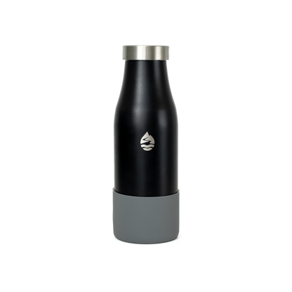 LAMOSE insulated water bottle, matte black with smokey grey silicone base protector and silver stainless steel cap, front view.