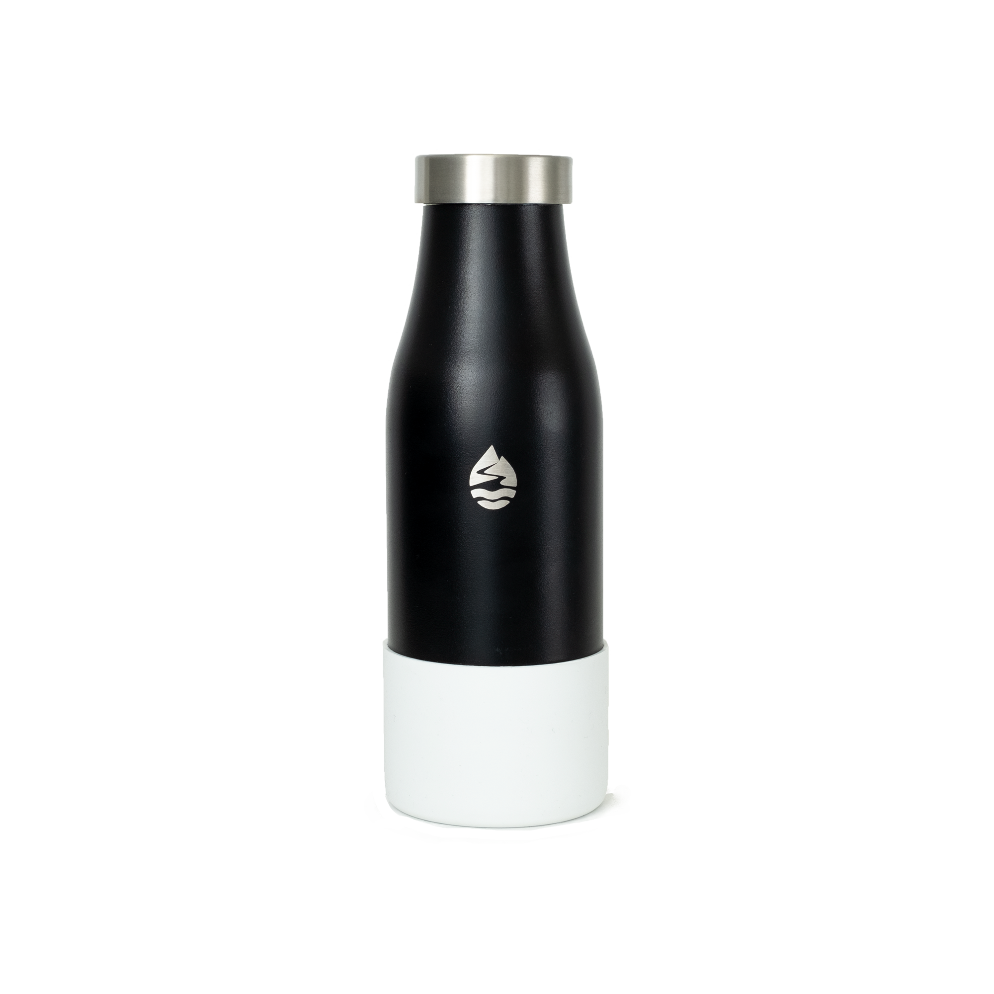 LAMOSE matte black insulated water bottle with silver logo, stainless steel lid, and white base protector, front view.