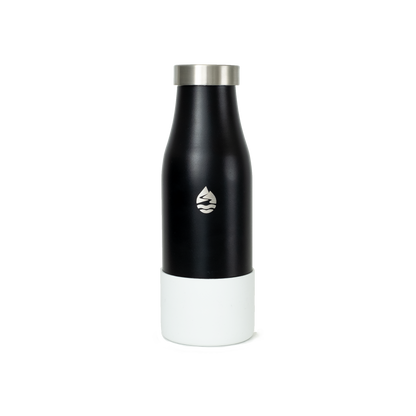 LAMOSE matte black insulated water bottle with silver logo, stainless steel lid, and white base protector, front view.