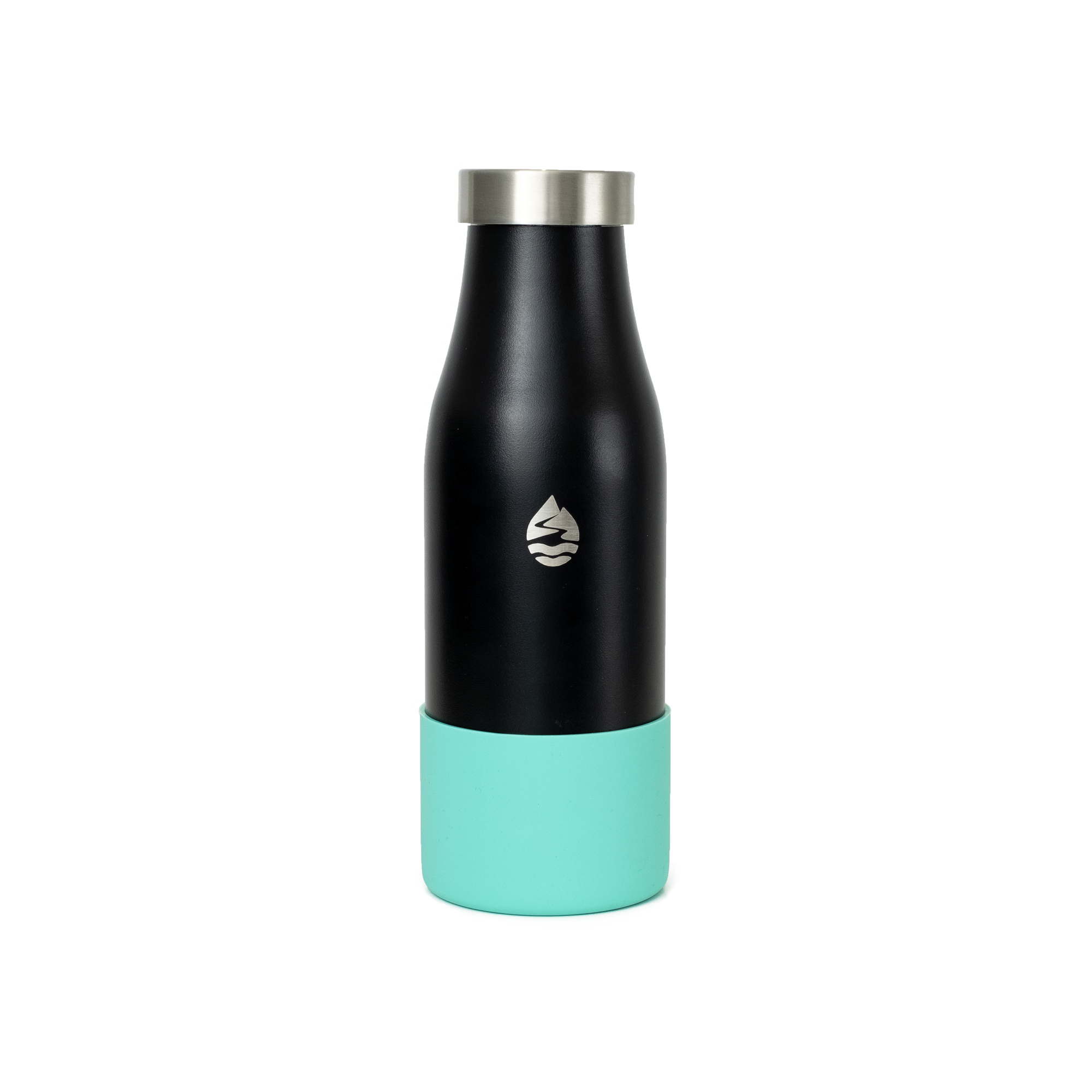 LAMOSE black insulated water bottle with a turquoise silicone base protector and stainless steel cap, featuring the brand's mountain-drop logo, centered on white background.