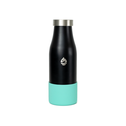LAMOSE black insulated water bottle with a turquoise silicone base protector and stainless steel cap, featuring the brand's mountain-drop logo, centered on white background.