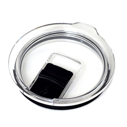LAMOSE clear replacement tumbler lid with black sliding spout cover and black silicone gasket, top-down view.